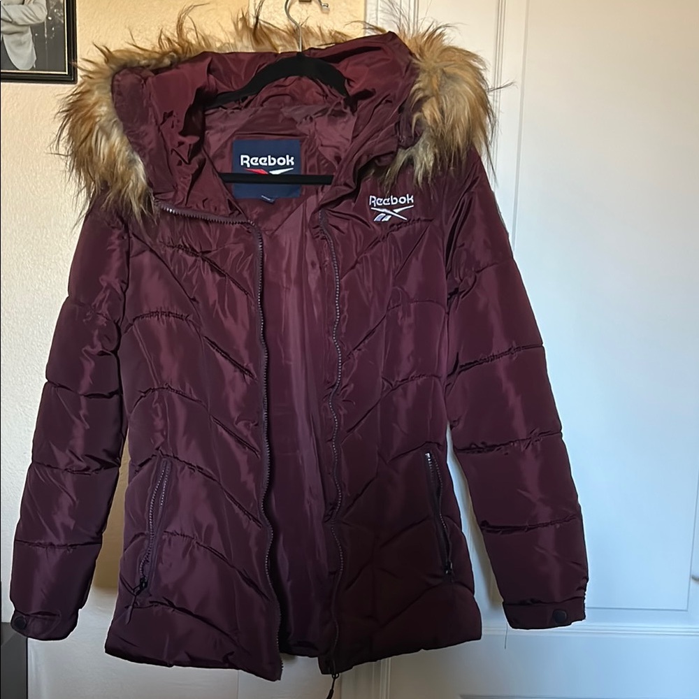 Reebok Red Puffer Jacket with Fur Hood
